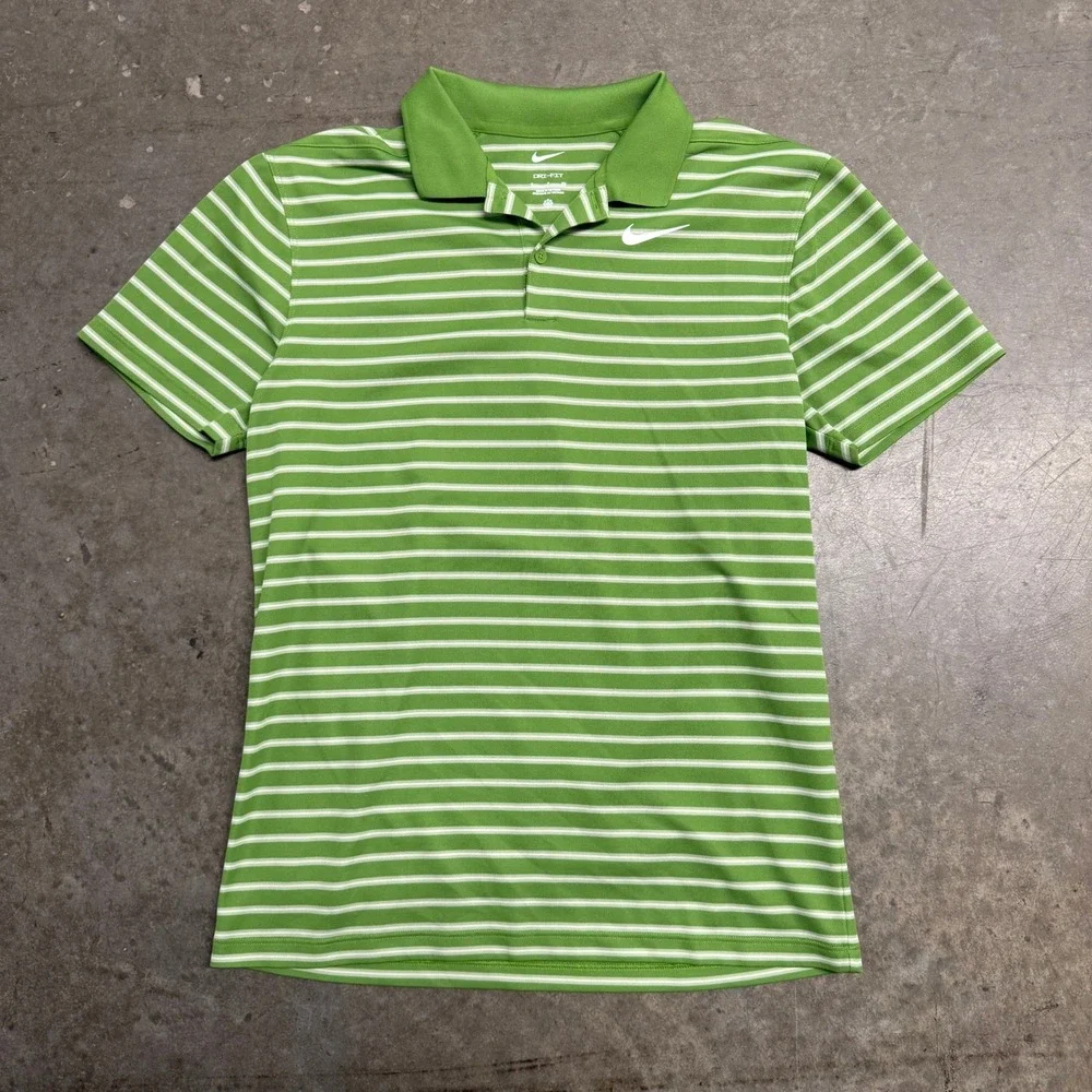 Nike Dri-FIT Mens Small Green White Striped Golf Polo Shirt Short Sleeve